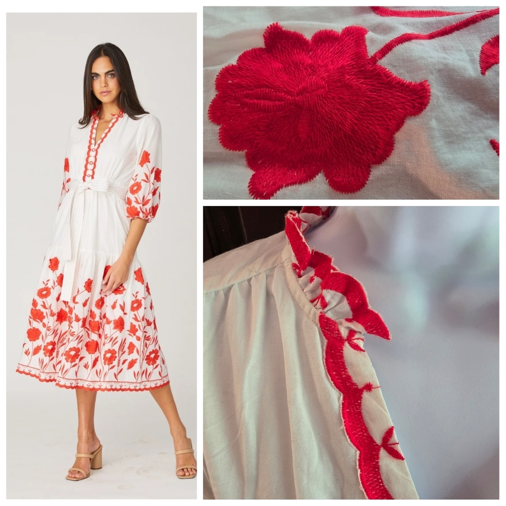 Shoshamma Santiago Dress Optic Red/Ivory White Embroidered Size 10 100% Cotton